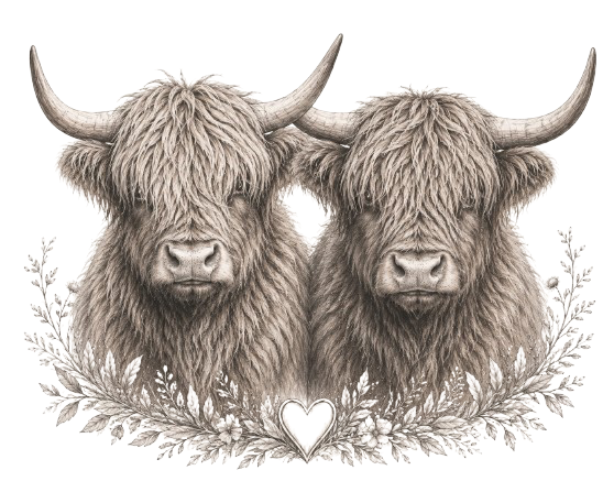 Two illustrated Highland cows surrounded by wildflowers